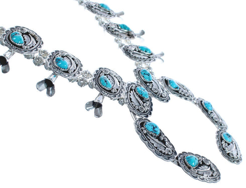 Navajo Sterling Silver Scalloped Leaf Turquoise Squash Blossom Necklace Set RX119043
